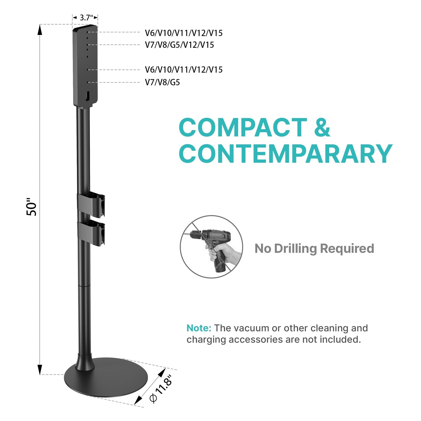 PEGZONE Vacuum Cleaner Stand, Compatible with Dyson Gen5 V15 V12 V11 V10 V8 V7 V6, Cordless Vacuum Holder with 2 Removable Accessory Clips, Attachment Organizer with Built-in Cable Slot, Black