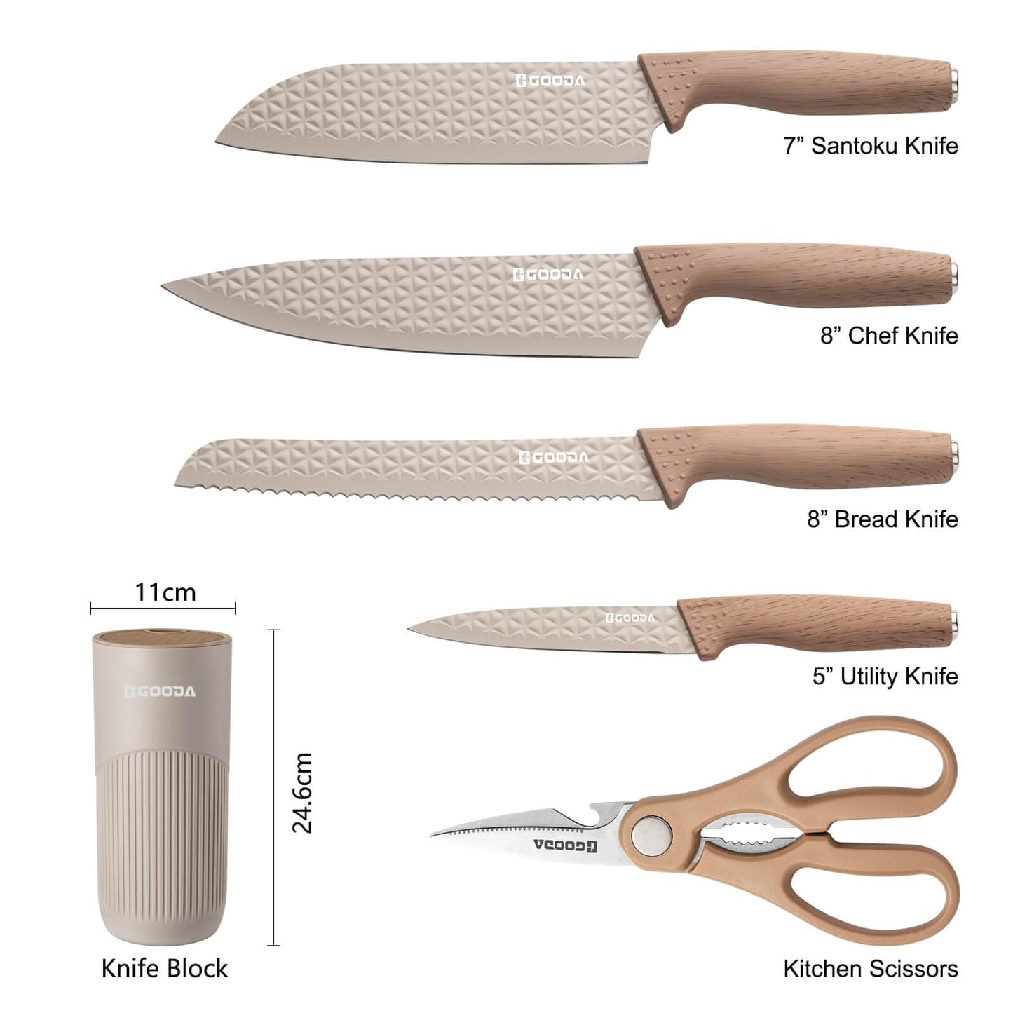 GOODA Kitchen Knife Set With Block,6-Piece Professional Chef Cooking Knives Set For Kitchen,Non-Stick Stainless Steel Knife Block Set