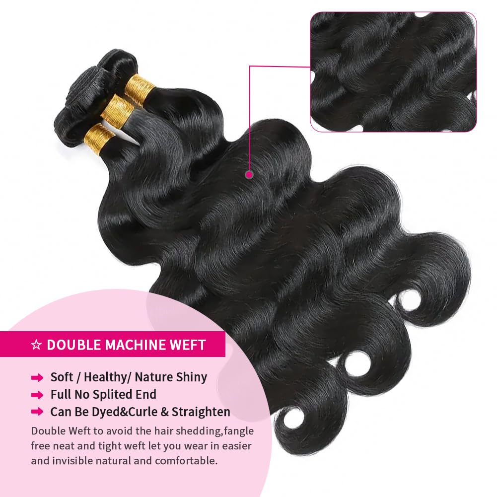 12A Body Wave Bundles Human Hair 16 18 20 Inch Human Hair Bundles 100% Unprocessed Brazilian Virgin Hair 3 Bundles weave for Black Women Natural Color
