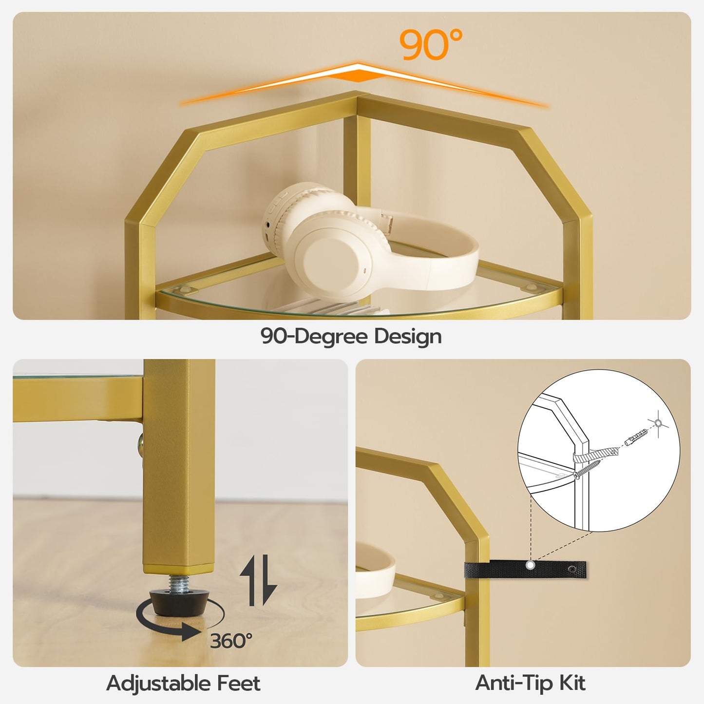 HOOBRO 5-Tier Corner Shelf Stand, Gold Corner Bookshelf, Tempered Glass Shelves, Bathroom Organizer, Corner Plant Stand, for Living Room, Study, Balcony, Home Office, Modern Style, Gold GD15CJ01