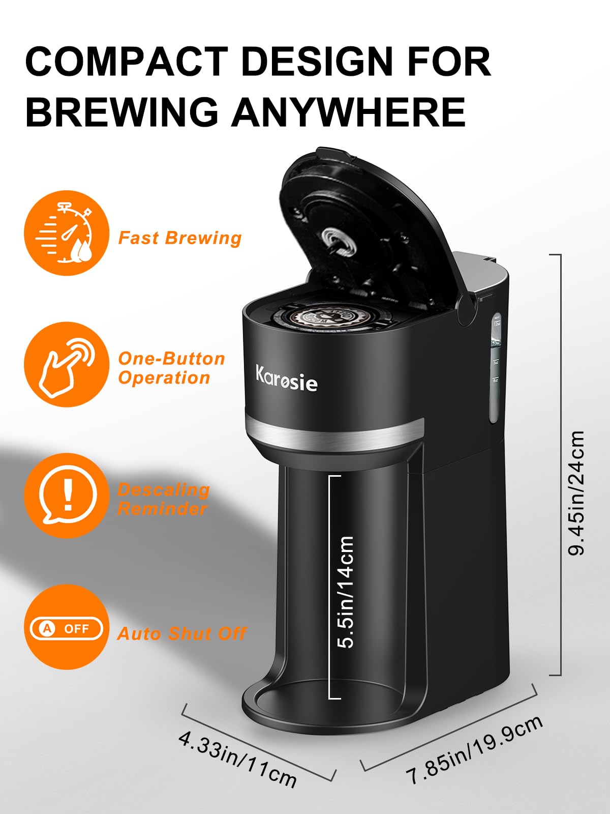 Karosie Single Serve Coffee Maker for K-Cup and Grounds, Fast Brew, 6-12 oz Brew Sizes Single Cup Coffee Maker Fits 5.5" Mugs, One-Button Small Coffee Maker, Descaling Reminder,Black,9.45 Inches