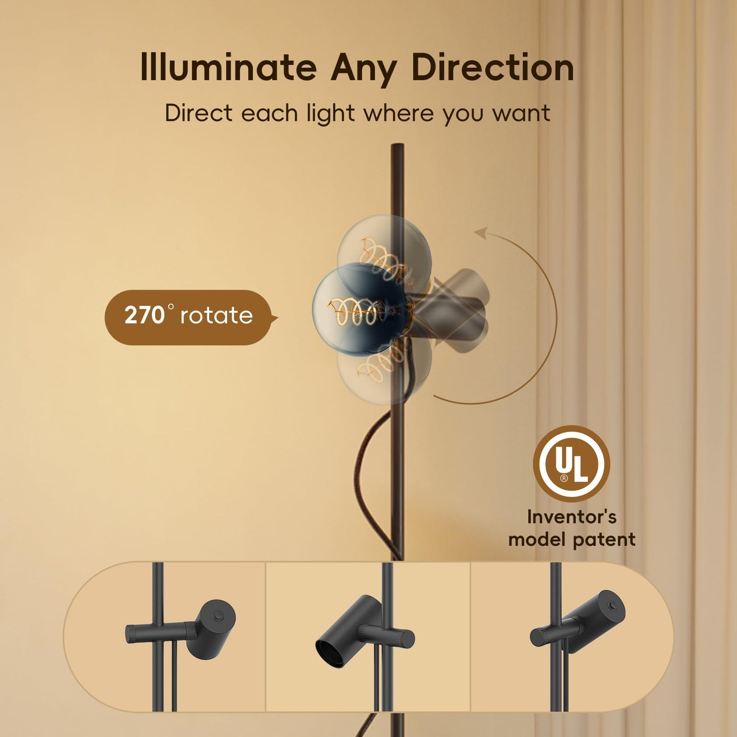 MOSLIAN Floor Lamp for Living Room,Adjustable Height&Dimmable&Rotatable lamp Head Standing Floor Lamp,2200K Warm Ambiant Lighting with Gradient Brown Bulb for Living Room,Bedroom (Bulb Included)