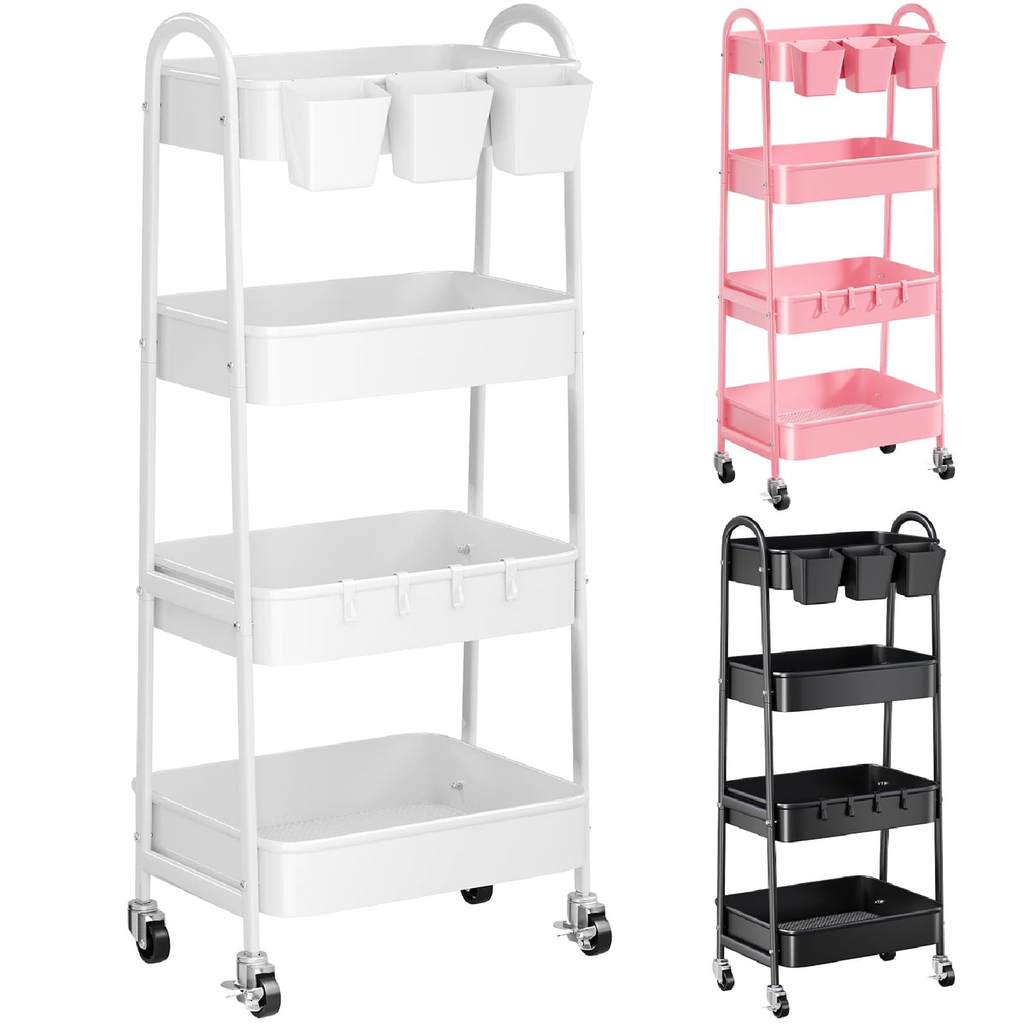 White 4 Tier Rolling Cart Metal with Wheels, Heavy Duty Utility Storage Organizer Carts on Wheels, Four Tiered Roller Cart for Kitchen, Book, Snack, Craft, Art, Dorm, Large Capacity Basket, 38in Tall