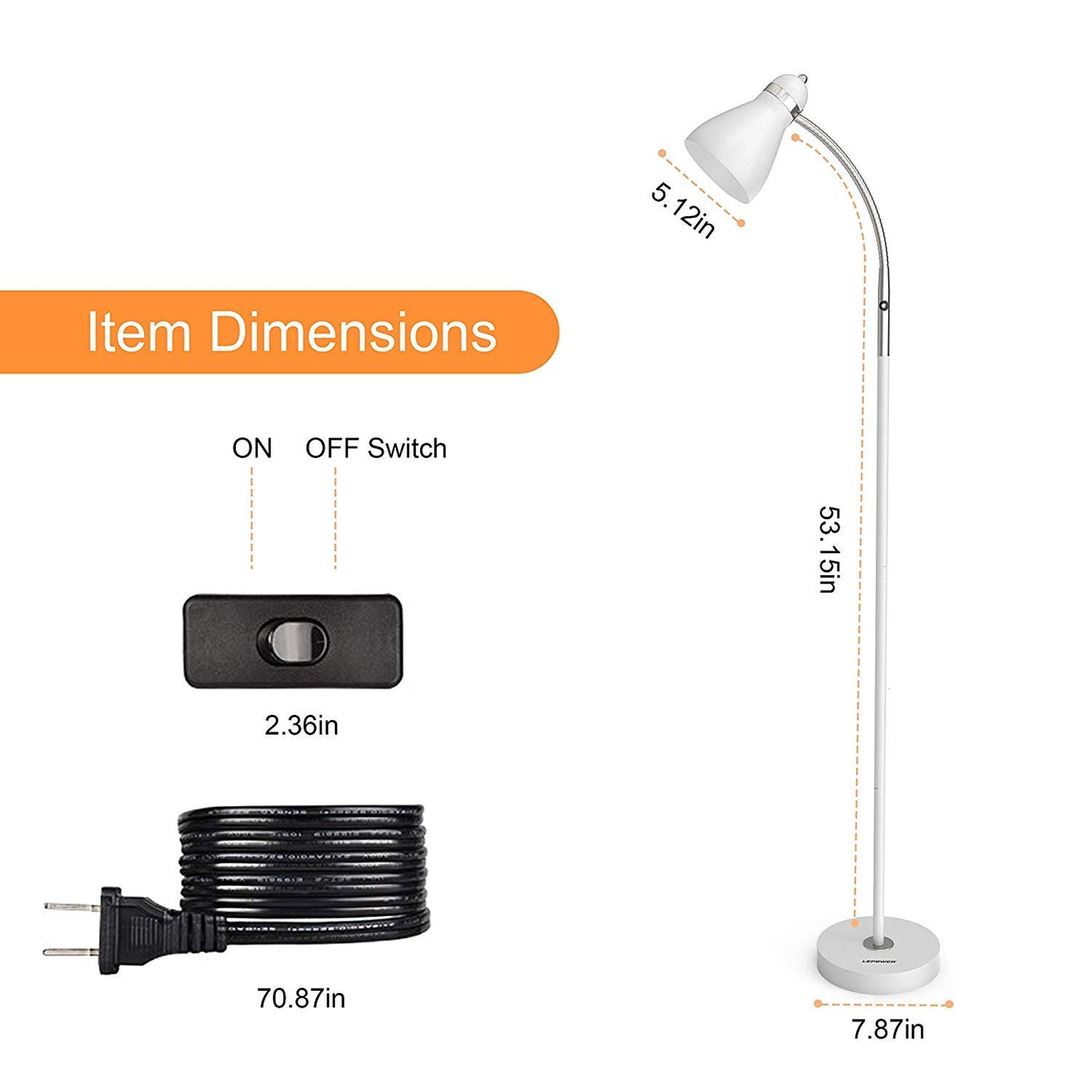LEPOWER Floor Lamp, Metal Standing Lamp with Adjustable Gooseneck, Heavy Metal Base, Reading Pole Lamp for Office, White Floor Lamps for Bedroom, Living Room