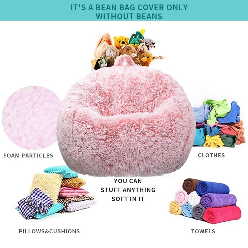 Fluffy Stuffed Animal Storage Bean Bag Chair Cover (No Filler), Faux Fur Comfy Bean Bag Cover for Organizing Plush Toys or Textile, for Adults Teens Kids Girls,Dusty Pink