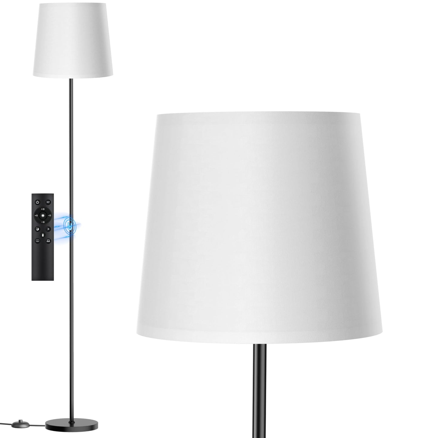 SIBRILLE Floor Lamp with White Shade, 62" Dimmable LED Standing Lamp with Remote, 9W E26 Bulb Included, 3000-6000K, Modern Floor Reading Light for Bedroom Living Room Office Corner, Black Pole