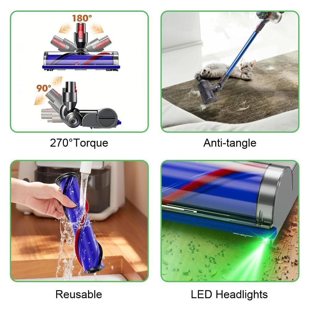 Head Replacement for Dy-son V7/V8/V11/V10/V15 with LED Headlights & 270°Torque & Anti-tangle & Direct Drive Motor Roller Brush Quick-Release Replacement Parts for Hardwood Floor and Carpet