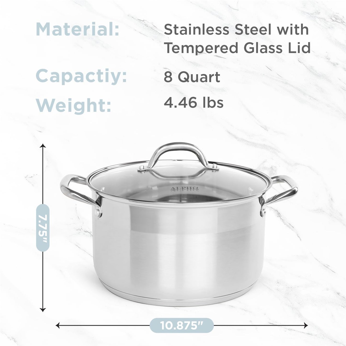 Alpha Living SP-08G Stainless Steel Pot with Capsule Bottom – Induction Compatible 8Qt Pot with Lid – Tri-Ply Ultra-Thick Bottom – Ideal for Spaghetti, Cooking, Canning, Boiling