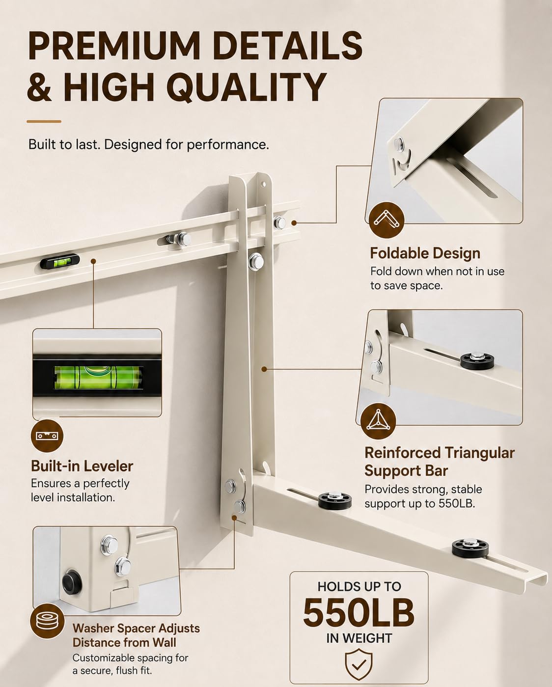 Heavy Duty Mini Split Wall Mounting Bracket for Outside, 550lb Load Capacity, Galvanized Carbon Steel, Dual Anti-Rust Coating, Leveling Bar, Anti-Vibration Pads, Fits 9000–36000 BTU AC Units
