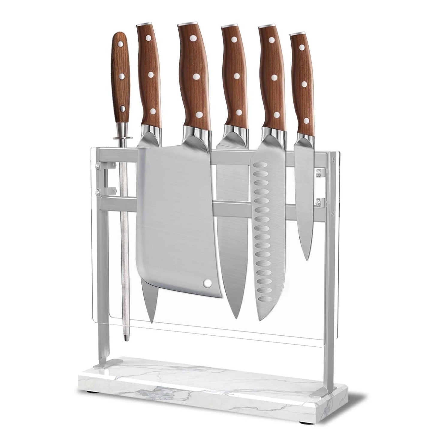 Magnetic Knife Stand Block with Marble Base, Double-sided Stainless Steel Magnets for Countertop with Acrylic Shield, Magnetic Knife Holder for Kitchen Storage, 12 IN, White