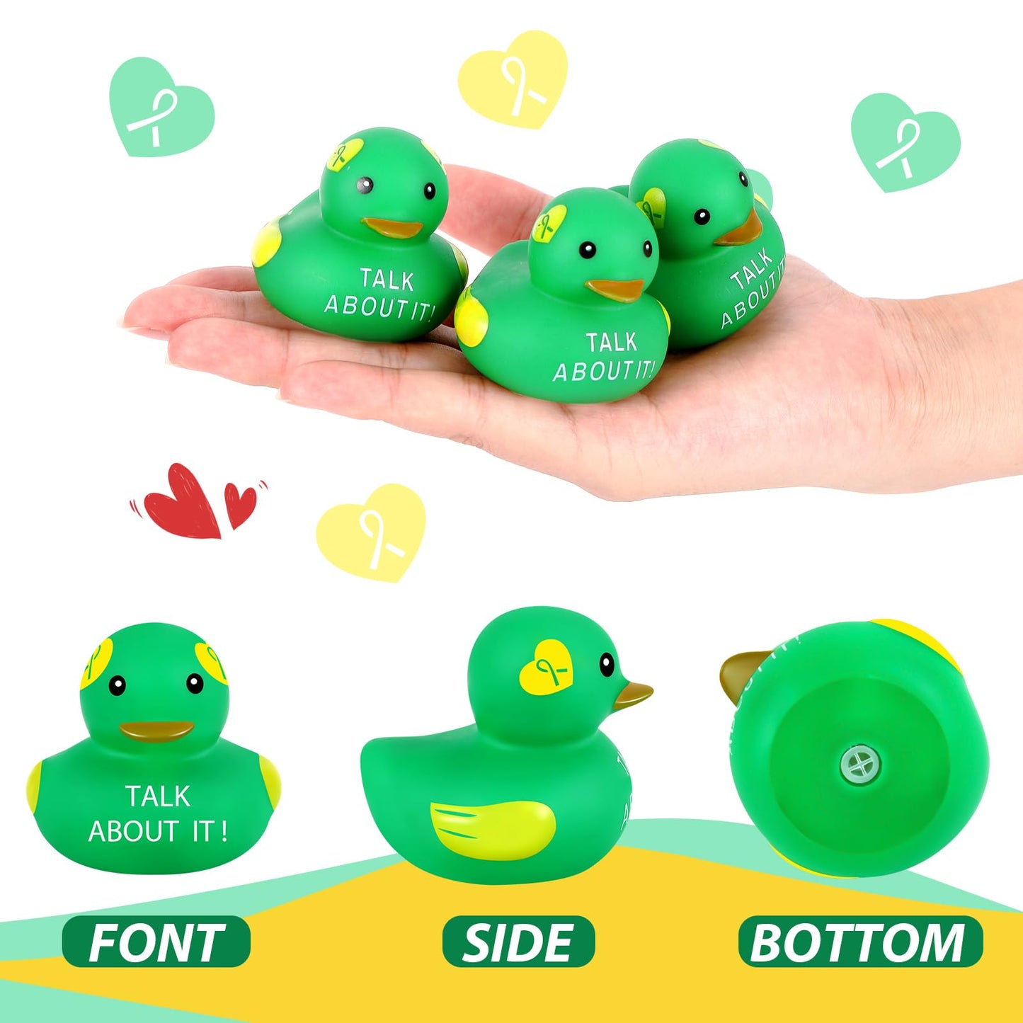 Deekin 100 Pcs Mental Health Rubber Duck Bulk Green Ribbon Mental Health Awareness Items Gifts for Self Care Adults Charity Office Therapist Favors