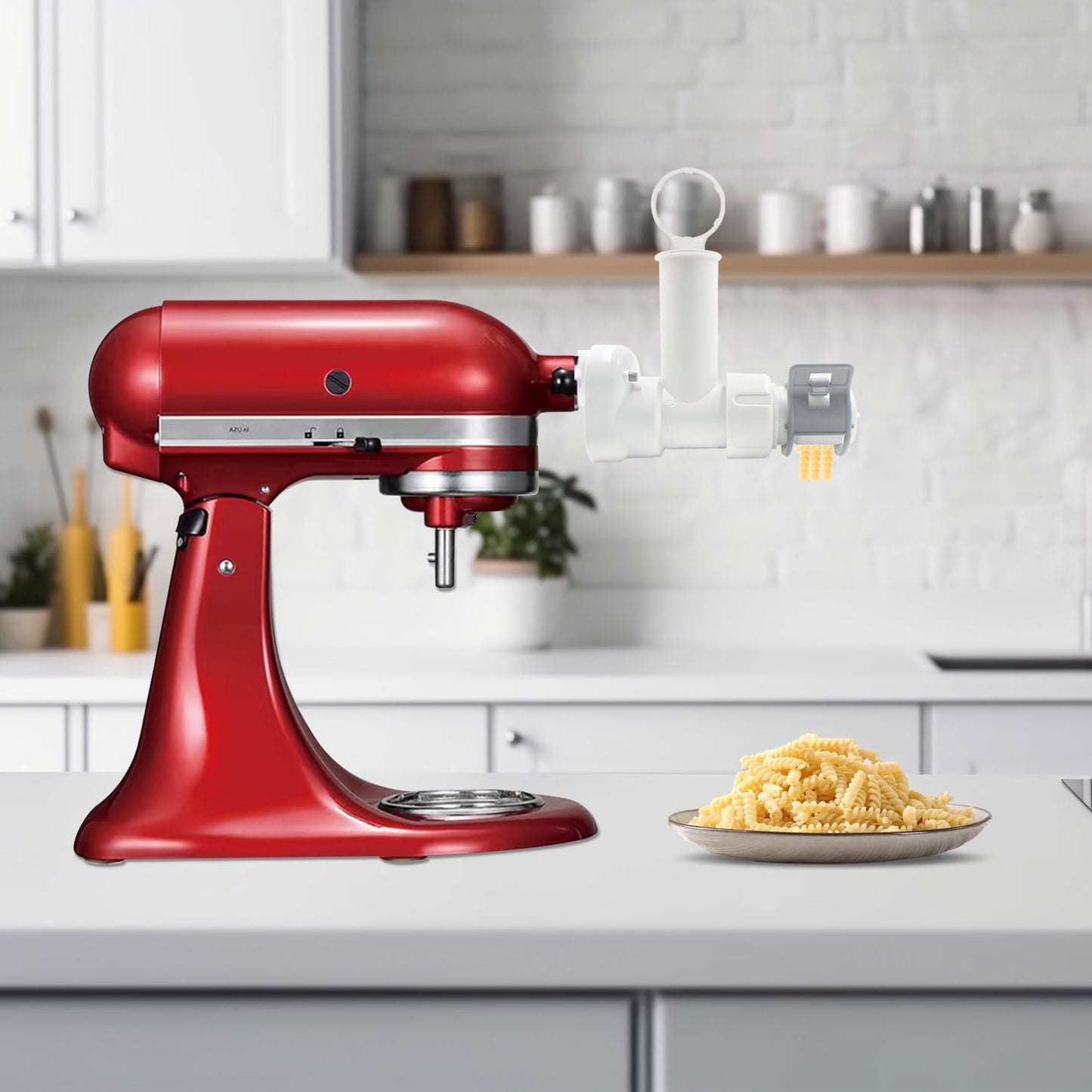 Pasta Maker Attachment for Kitchen aid Stand Mixers with 6 Interchangeable Different Shapes of Pasta Outlet and Cleaning Brush, Durable Pasta Press Attachments (White)