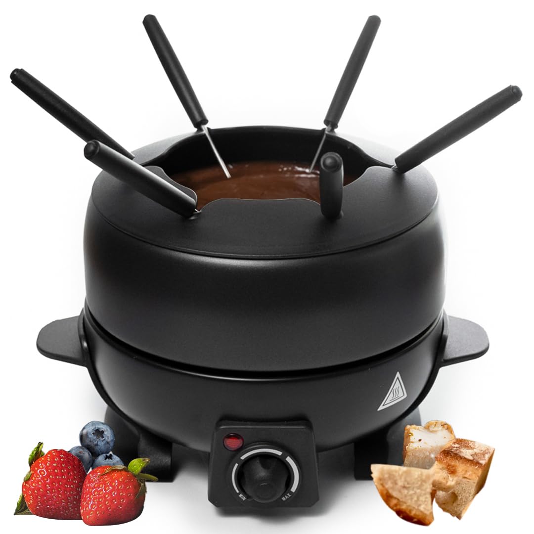 Electric Fondue Pot Set - 2-Liters Black Electric Pot with 6 Stainless Steel Fork - Temperature Control Ideal for Cheese, Caramel, Chocolate - Non-stick and Dishwasher Safe Fondue Pot Set by Stilaris