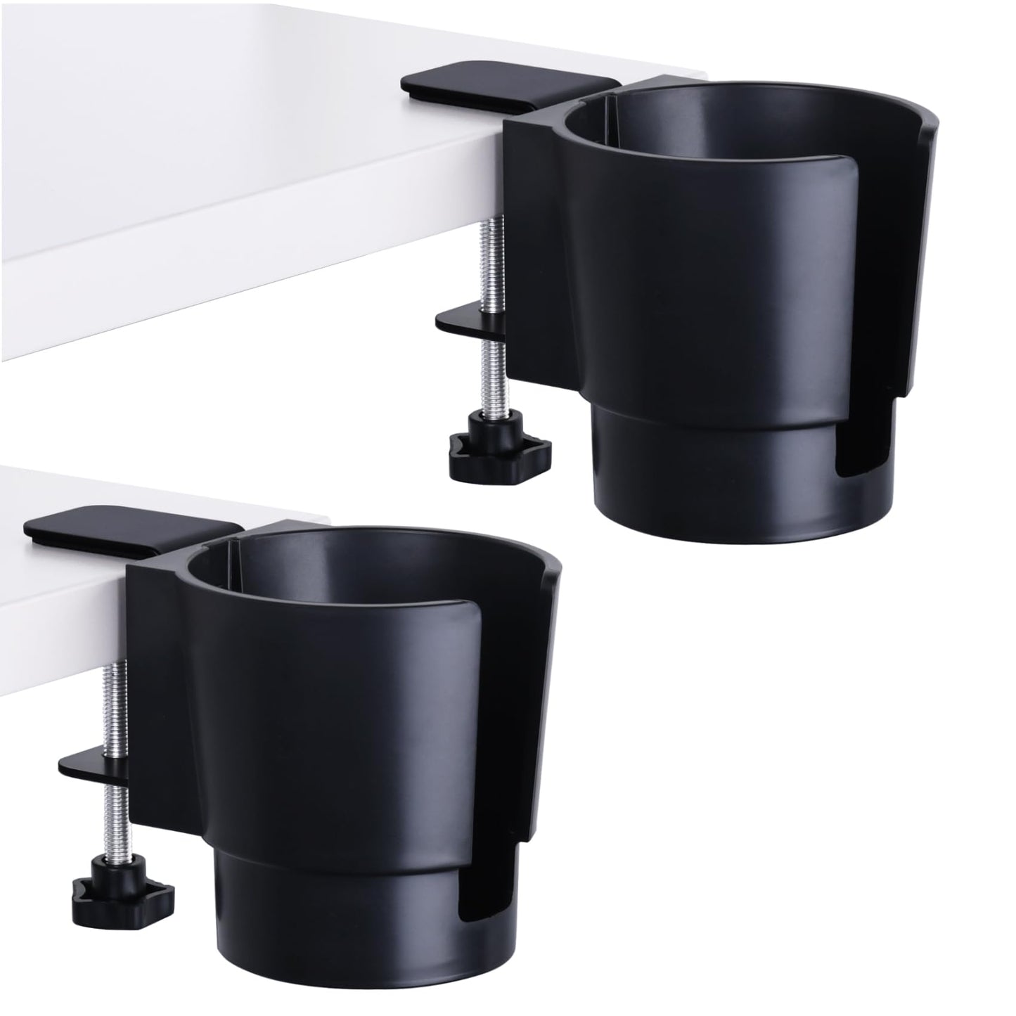 Universal Large Desk Cup Holder Clamp on, Heavy Duty Plastic Drink Holder for Table, Porch Swing, Patio Chair, Clip On Anti-Spill Bottle Holder for Most Cups, Bottles, Cans, Tumbles, Black, Pack of 2