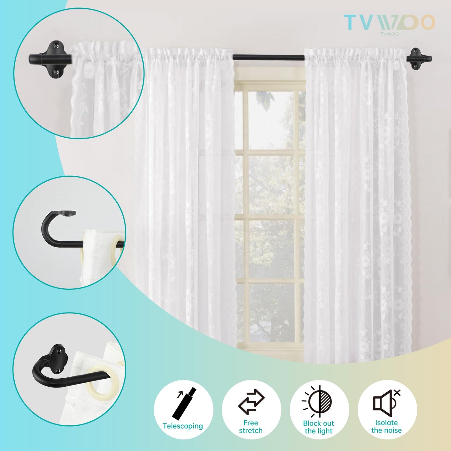 TVWOO 2 Pack Wrap Around Curtain Rods, 28 to 48 Inch, 5/8 Inch Adjustable Blackout Curtain Rod Set, Room Darkening Window Rod, Metal Thicken Hidden Curved Drapery Rod, Matte Black