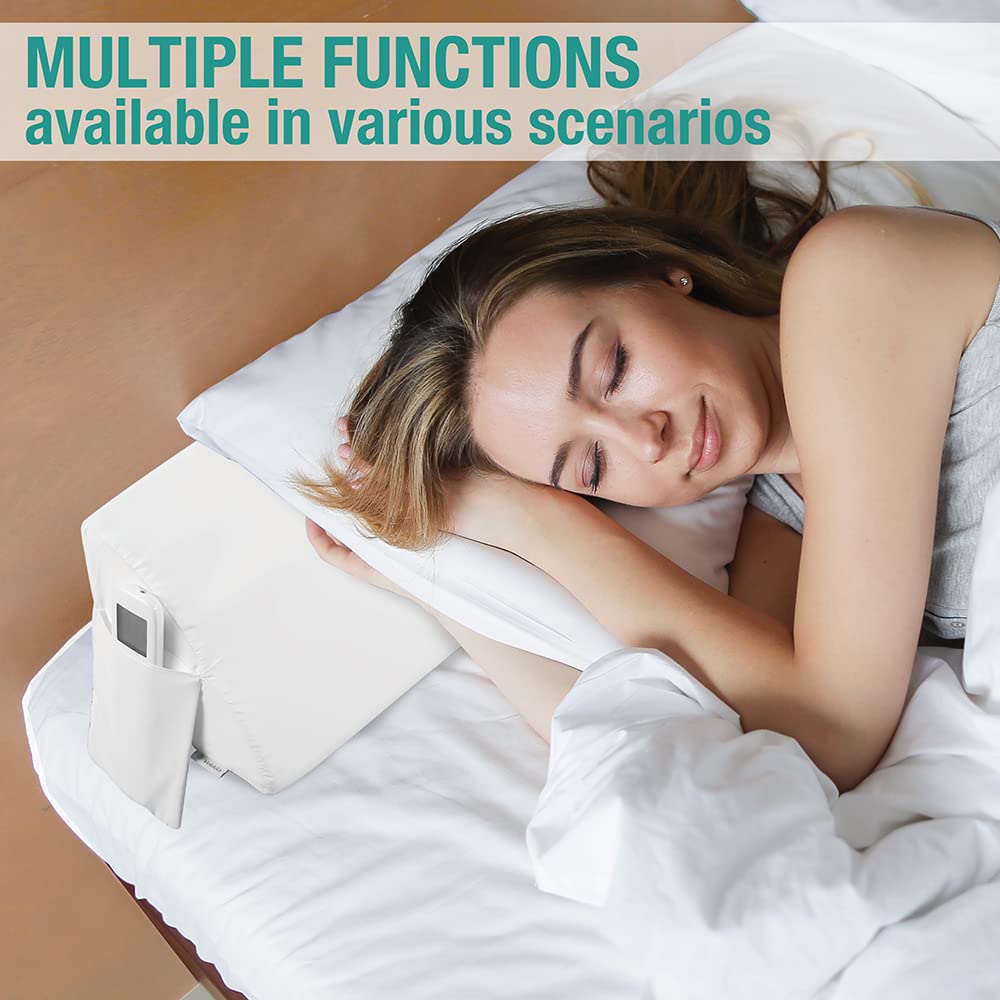 Vekkia Queen Bed Wedge Pillow for Headboard – High-Density Foam Fills Gaps (0-5.5") Between Mattress and Headboard, Wedge Pillow with Pockets for Phone & Remotes, Washable Cover(White)