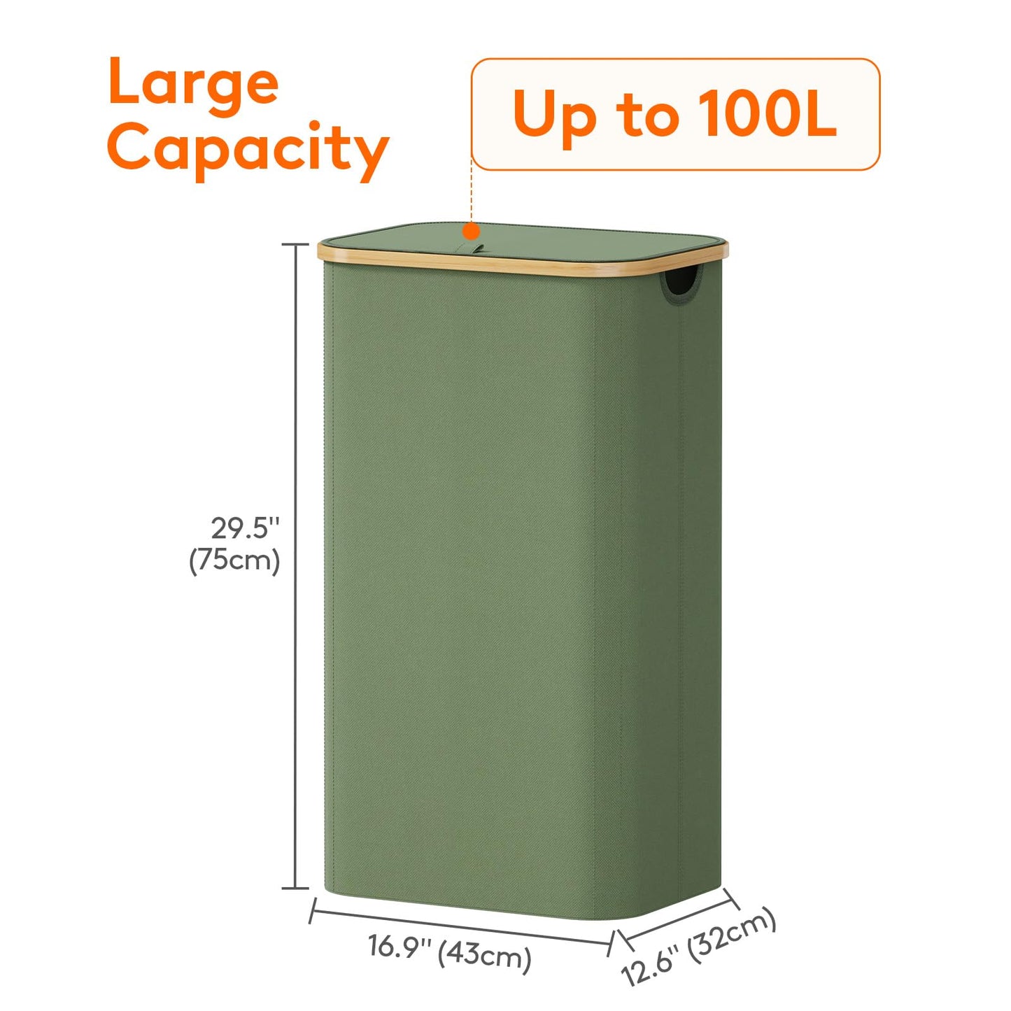 Lifewit 100L Laundry Basket with Lid, Clothes Hampers for Laundry with Bamboo Handles and 1 Removable Bag, Large Foldable Laundry Hamper for Bedroom, Bathroom, Dorm, Laundry Room, Green