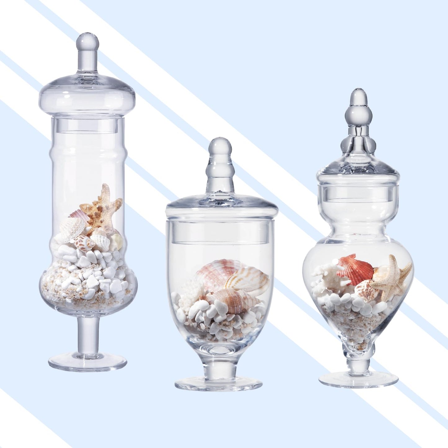 Diamond Star Set of 3 Apothecary Jar Glass Decorative Candy Jars Elegant Storage Candy Buffet Display, Wedding Candy Organizer Canisters (H: 9", 12.5", 14"; 20 FL.OZ, 23 FL.OZ and 28 FL.OZ)