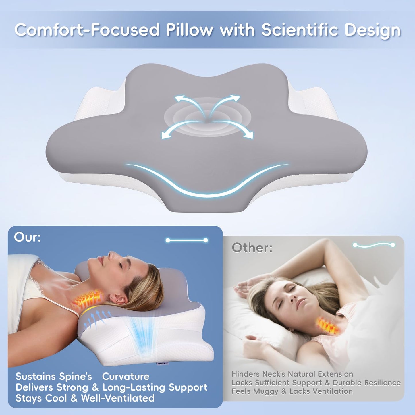 Missleep Cervical Neck Pillow, Memory Foam Pillows for Neck & Shoulder Pain Relief, 2 Heights Ergonomic Pillow with Breathable Ice Silk Cover, Neck Support Pillow for Stomach Sleepers Grey