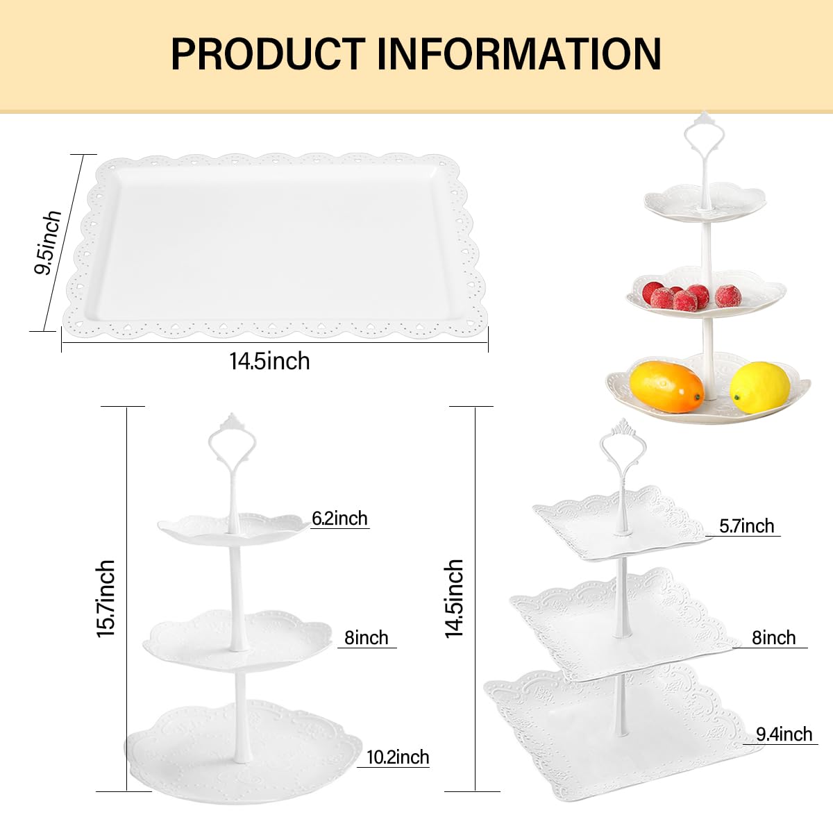 10 Pcs Cake Stand White Plastic Dessert Table Display Set 4 Pcs 3 Tired Cupcake Stand Cookie Tray Rack Serving Tray Cake Display Tower and 6 Pcs Dessert Trays for Wedding Baby Shower Tea Party