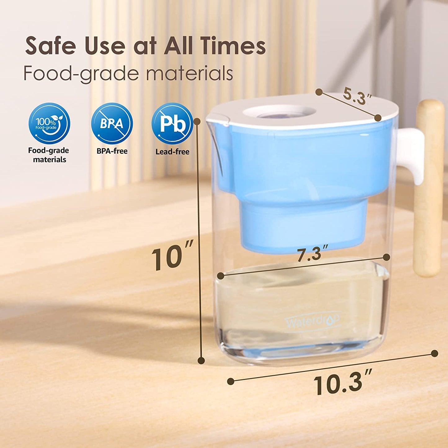 Waterdrop PT-04B 10-Cup Water Filter Pitcher with 4 Filters, NSF Certified, 800-Gallon Long-Life Filter, 5X Longer Filter Life, Reduces PFOA/PFOS and Chlorine, BPA-Free, Sturdy Wooden Handle, Blue