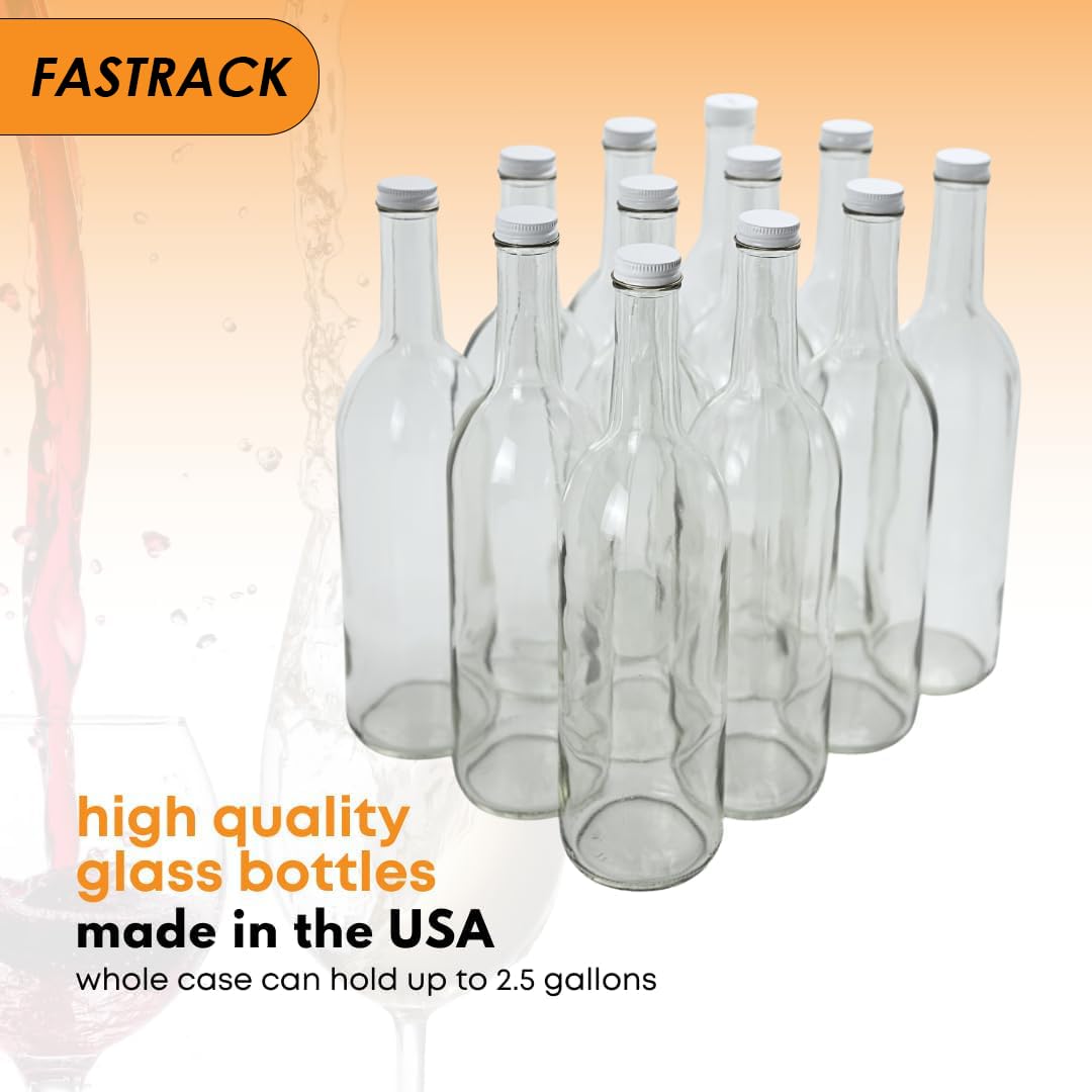 FastRack 750ml Clear Glass Wine Bottles with White Metal Screw Caps (Pack of 12) | Empty W5 Flint Bordeaux Bottles for Homemade Wine, Juice, Kombucha, Spirits & Beverage Storage