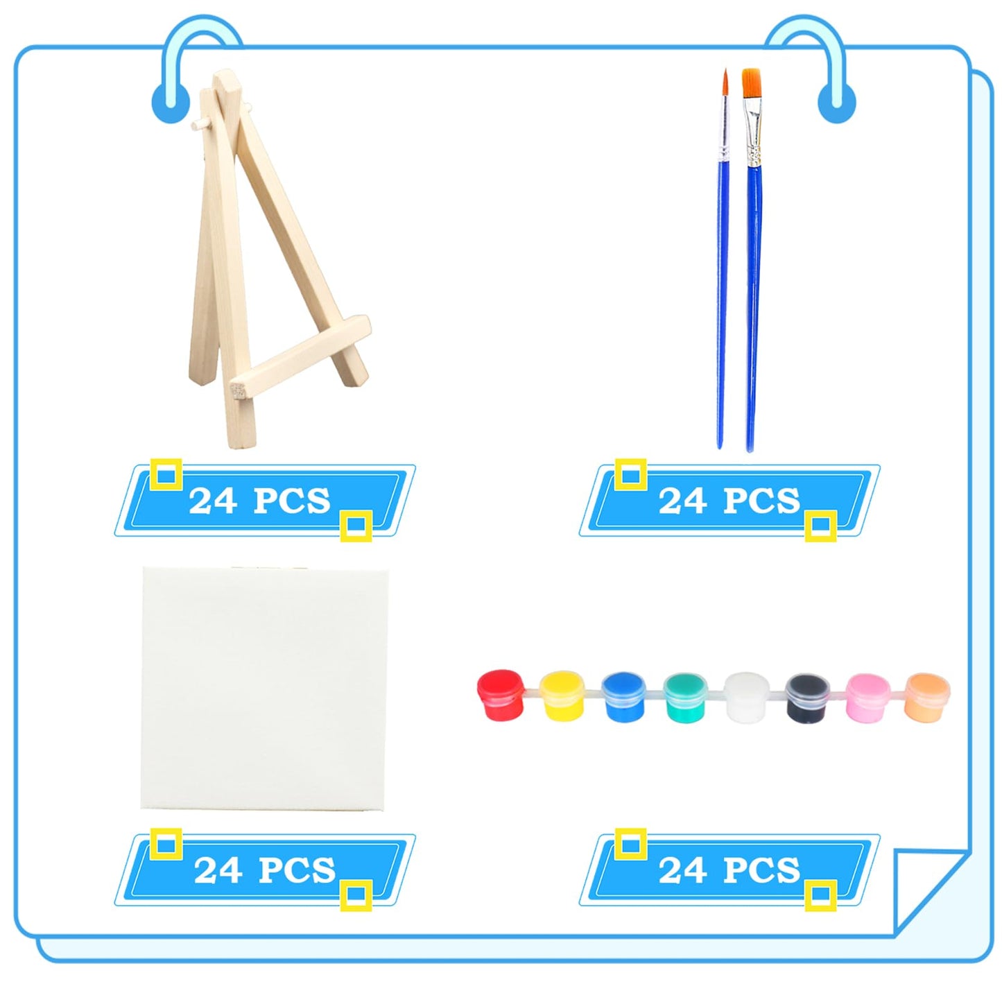 Merkaunis 24 Set Mini Canvas Paint and Easel Set Art Painting Kits Includes 4x4 Inch Canvas Boards,Paint Brushes,8 Colors Acrylic Paint, Art Set Gifts, for Oil Painting Crafts Party