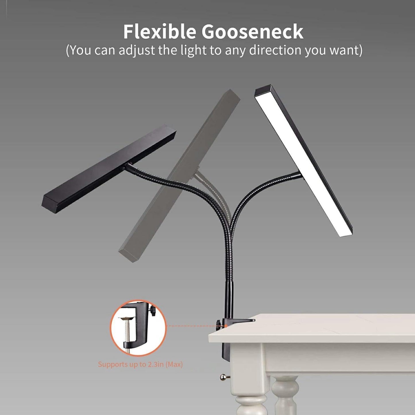 Piano Desk Lamp, 2-in-1 LED Piano Light for Upright Digital Grand Piano, 10W Flexible Gooseneck Table Lamp with 3 Color Modes×10 Brightness for Home Office Bedroom, Black (With Base and Clamp)