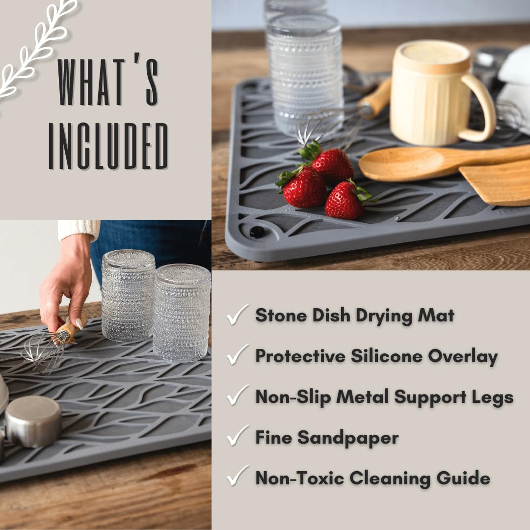 Stone Drying Mat for Kitchen Counter - 21.6"x15.7" Eco-Friendly Diatomaceous Earth Stone Dish Drying Mat with Trendy Silicone Topper & Legs for Airflow - Large Kitchen Stone Mat
