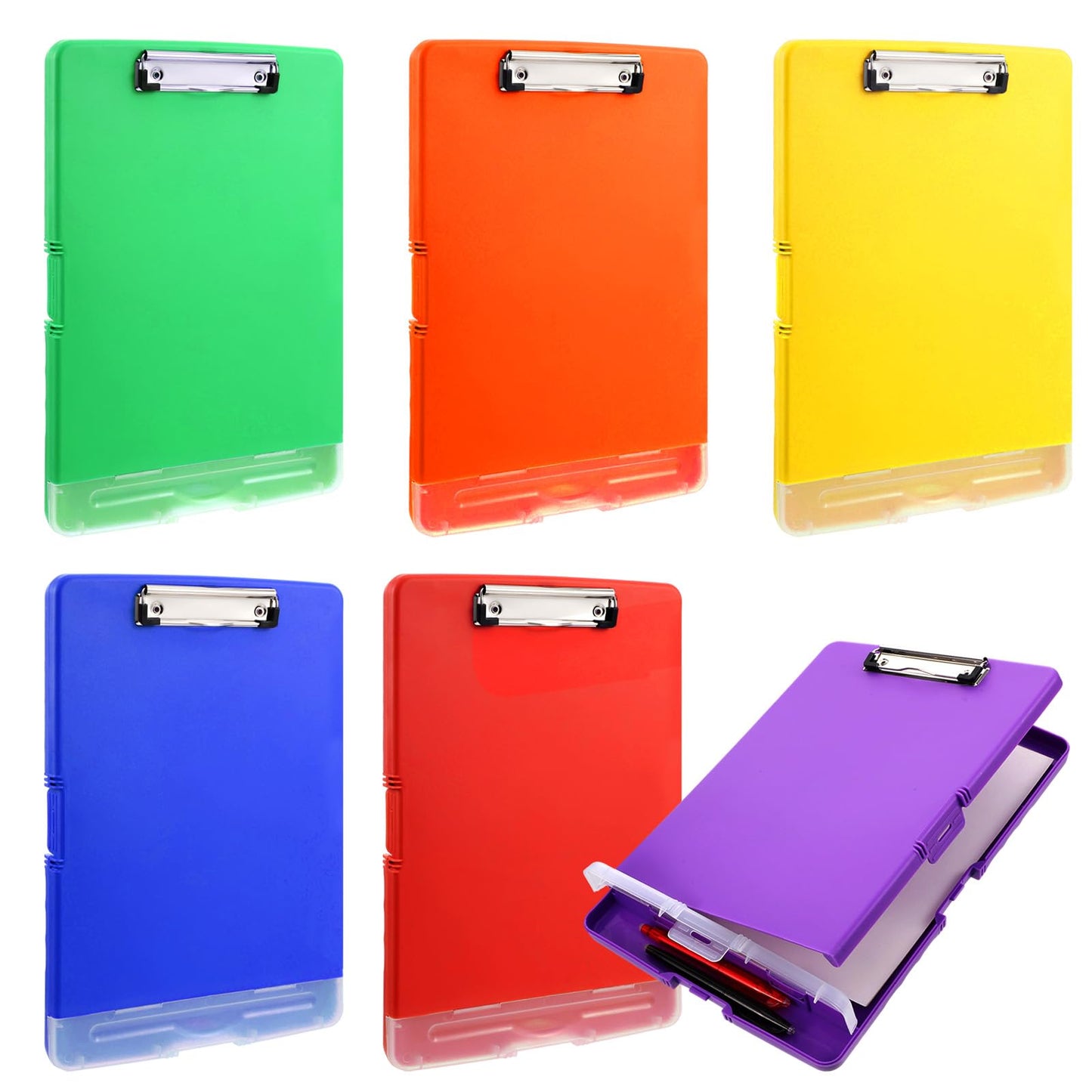 JIEYAO 6 Pcs Heavy Duty Plastic Clipboard with Storage, A4 Colorful Waterproof Clipboards with Pen Holder Side-Opening Nursing Clip Board for Office School Supplies