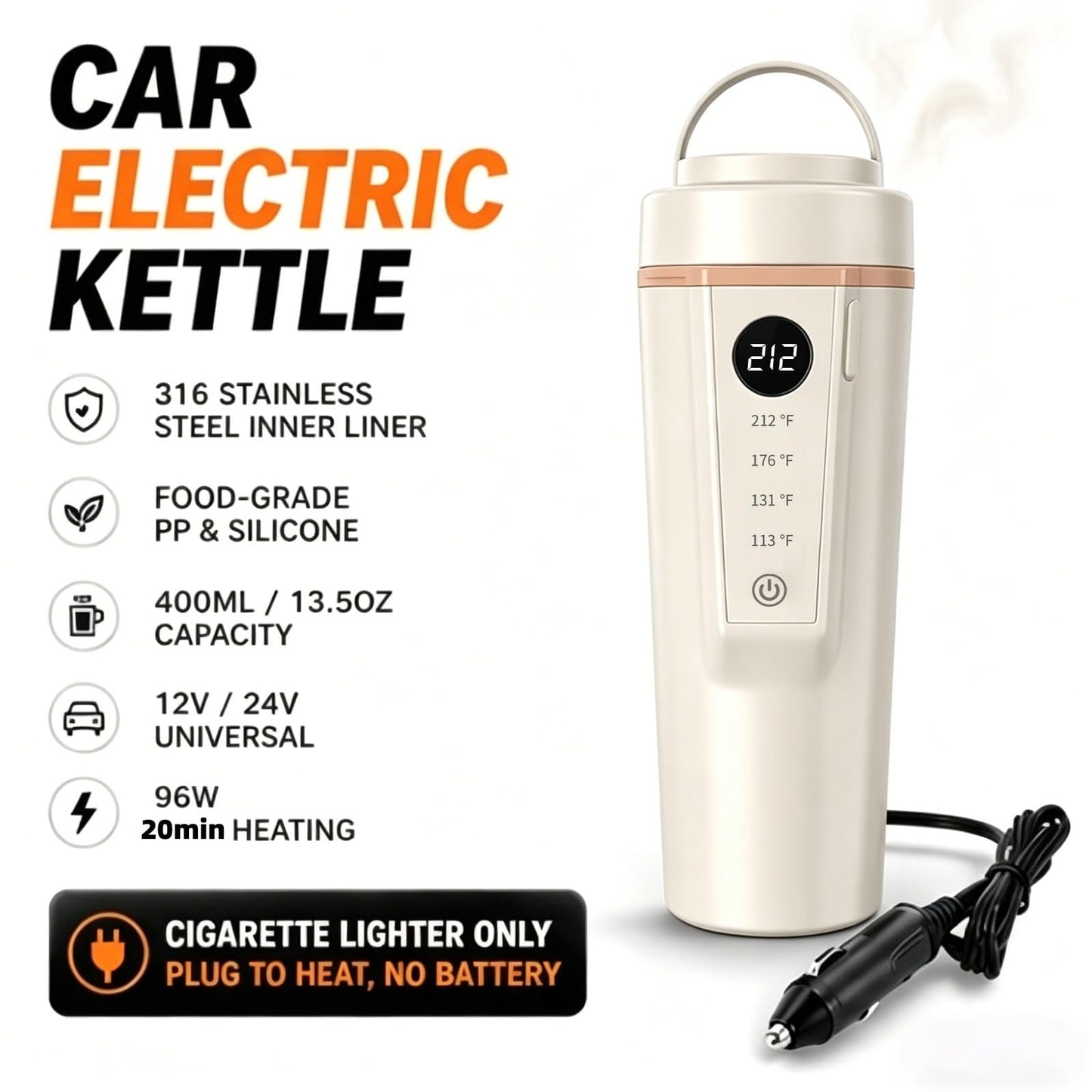 12V/24V Car Kettle, Portable Kettle for Hot Water, 316 Stainless Steel Premium Liner,Smart Multi-speed Temperature Control for Truck Driver OTR, Road Trips, RV(CREAM)