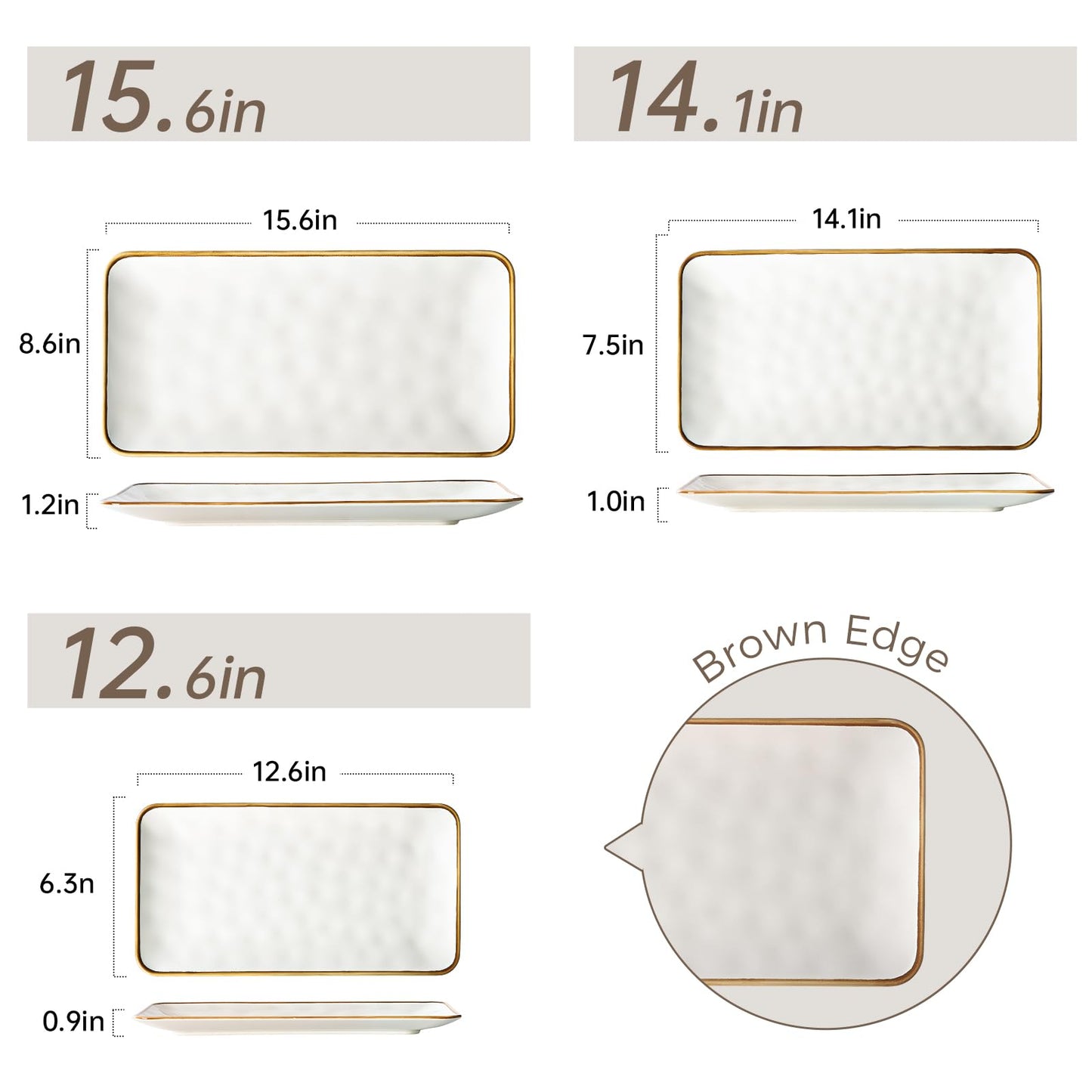 CULIVORA Ceramic Rectangle Serving Platter with Brown Rim: 15.6/14.1/12.6 Inch Large Serving Dishes for Entertaining Party, Sushi, Turkey, Cheese, Snack and Dessert, Microwave Dishwasher Safe