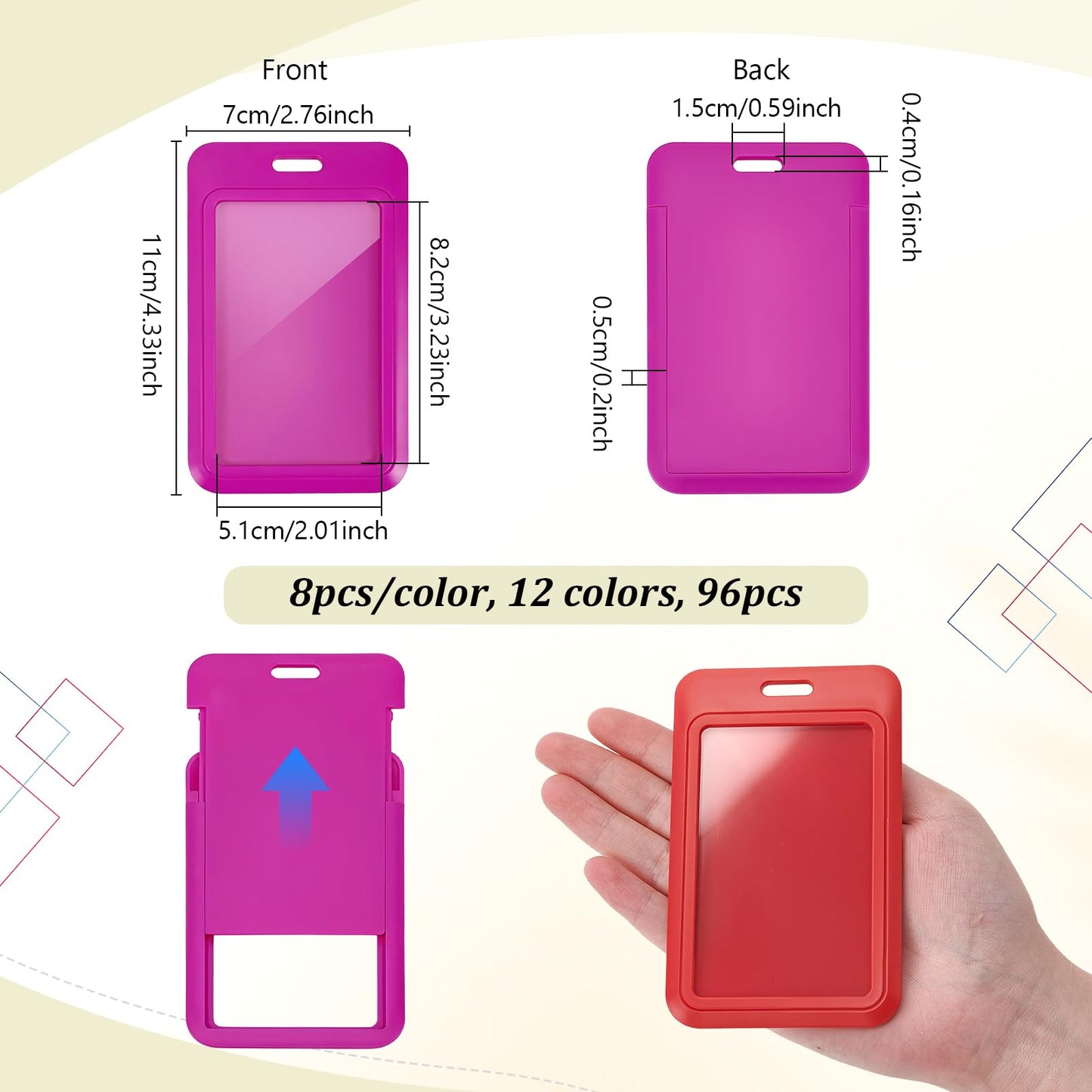 INTERWARM 96 Pcs Sliding ID Badge Holder, 2.75x4.33Inch Hard Plastic Badge Holder 12 Colors ID Card Case for Office School Credit Cards Proximity Work Badge Sleeve Key Cards (Colorful)