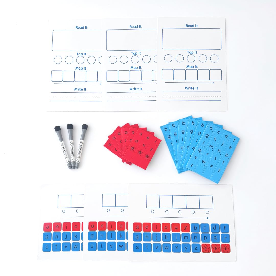 CVC Magnetic Letter Tiles and Writing Boards Set, 216 Pieces of ABC Magnets, 6 Magnetic Letter Boards CVC Literacy Spelling Reading Word Building Manipulative Phonemic Awareness Alphabet Tiles Set