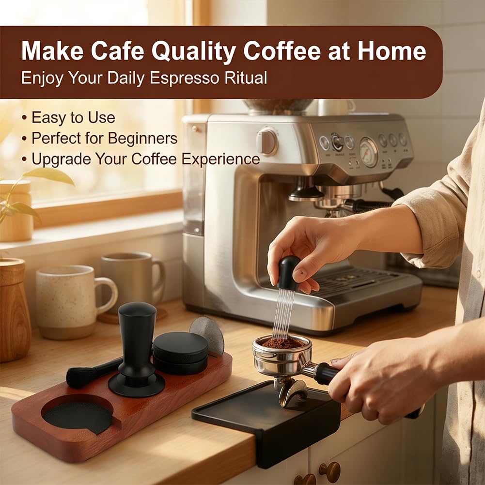 25 Pcs Professional Espresso Coffee Barista Accessories Set, 51mm Spring Loaded Tamper, WDT Tool, Coffee Distributor, Magnetic Dosing Funnel, Puck Screen, Wooden Tamper Station