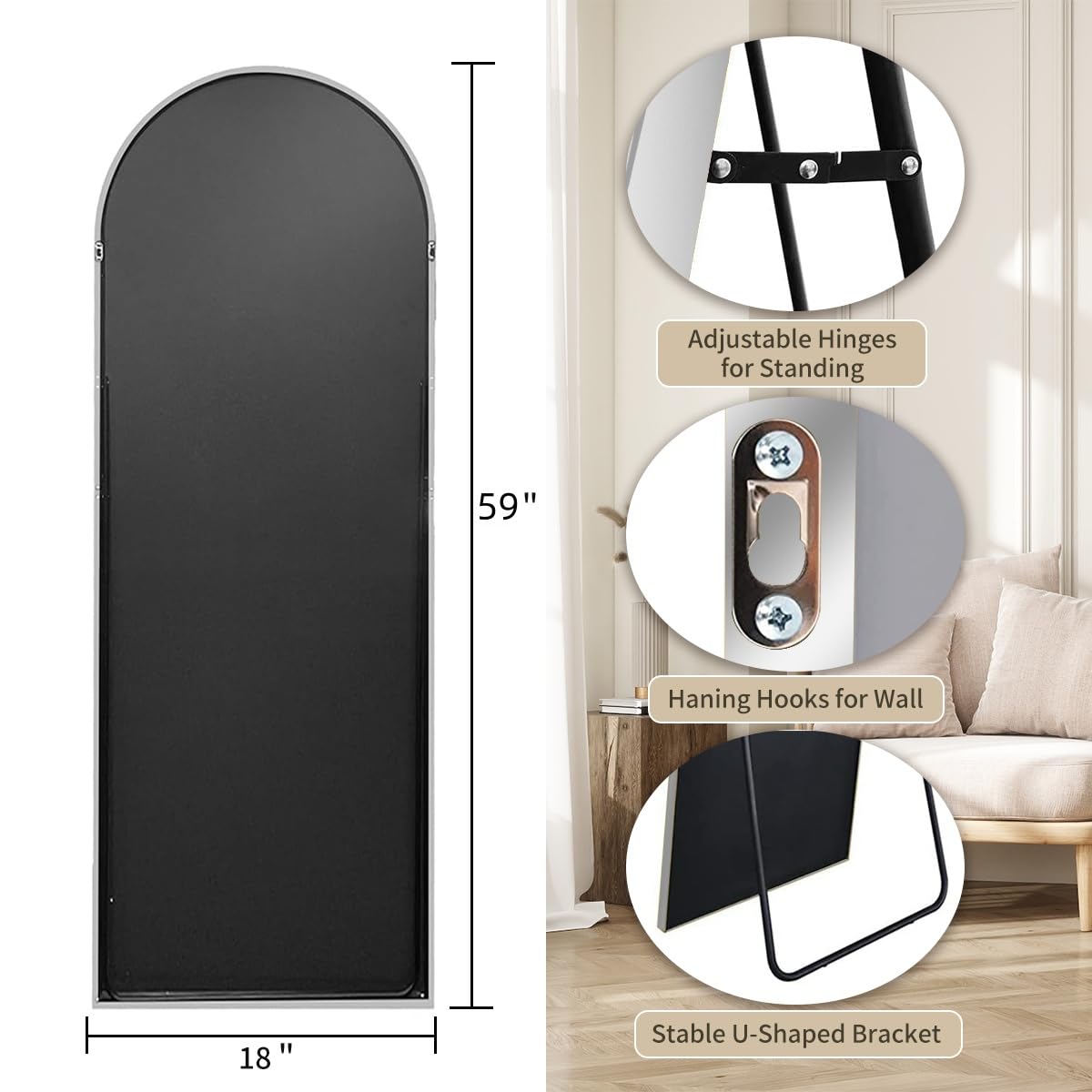Rowjut Floor Mirror Arched Full Length Mirrors, Mirror Full Length Standing Hanging or Leaning Against Wall, 59"x18" Large Full Body and Wall Mounted Mirror for Bedroom Living Room, Silver