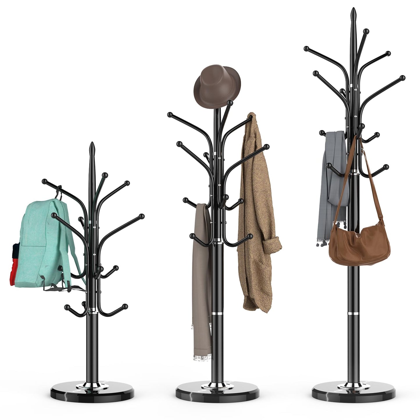 HzTinT Heavy Duty Coat Rack with Marble Base, Freestanding Hall Coat Tree with 12 Hooks and 3 Adjustable Sizes, Metal Coat Rack Stand for Entryway, Bedroom, Office Hanging Purses, Coats, Scarves, Hats