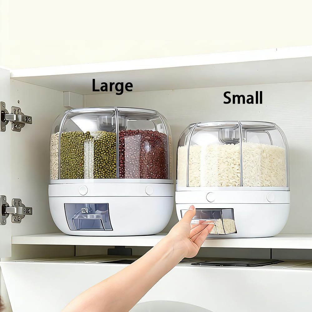 Wnnideo Rotating Grain Storage Bin 6 Grids Rice Container One-Click Output Large Capacity Food Dispenser For Rice Grains Sealed Moisture Proof Organizer (Large)