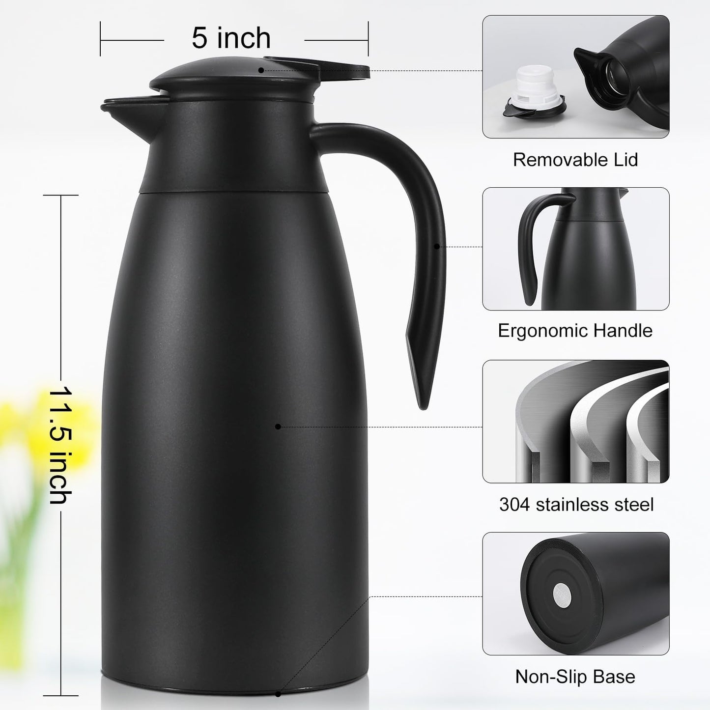 70 oz Thermal Coffee Carafe, Updated 2 PCS Insulated Stainless Steel Coffee Carafes for Keeping Hot Coffee & Water Hot Beverage-12Hours, Double Walled Vacuum Coffee Carafe(Black+Red)