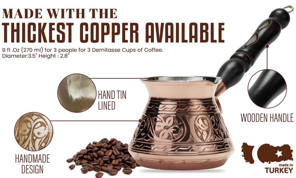 DEMMEX Copper Turkish Coffee Pot Cezve Ibrik Greek Coffee Briki Stovetop Coffee Maker with Wooden Handle & Spoon, 1mm Thick Copper, Handmade & Engraved in TURKEY, 9 fl Oz - 3 Servings
