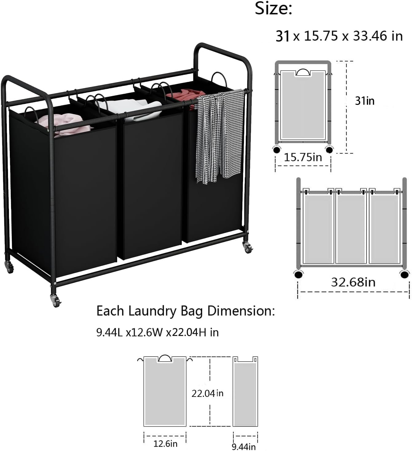 LINZINAR 3-Bag Laundry Basket, Black Laundry Hamper, 35.6 Gal(135 L) Laundry Sorter Cart Laundry Room Organization with Heavy Duty Rolling Lockable Wheels and Removable Bags