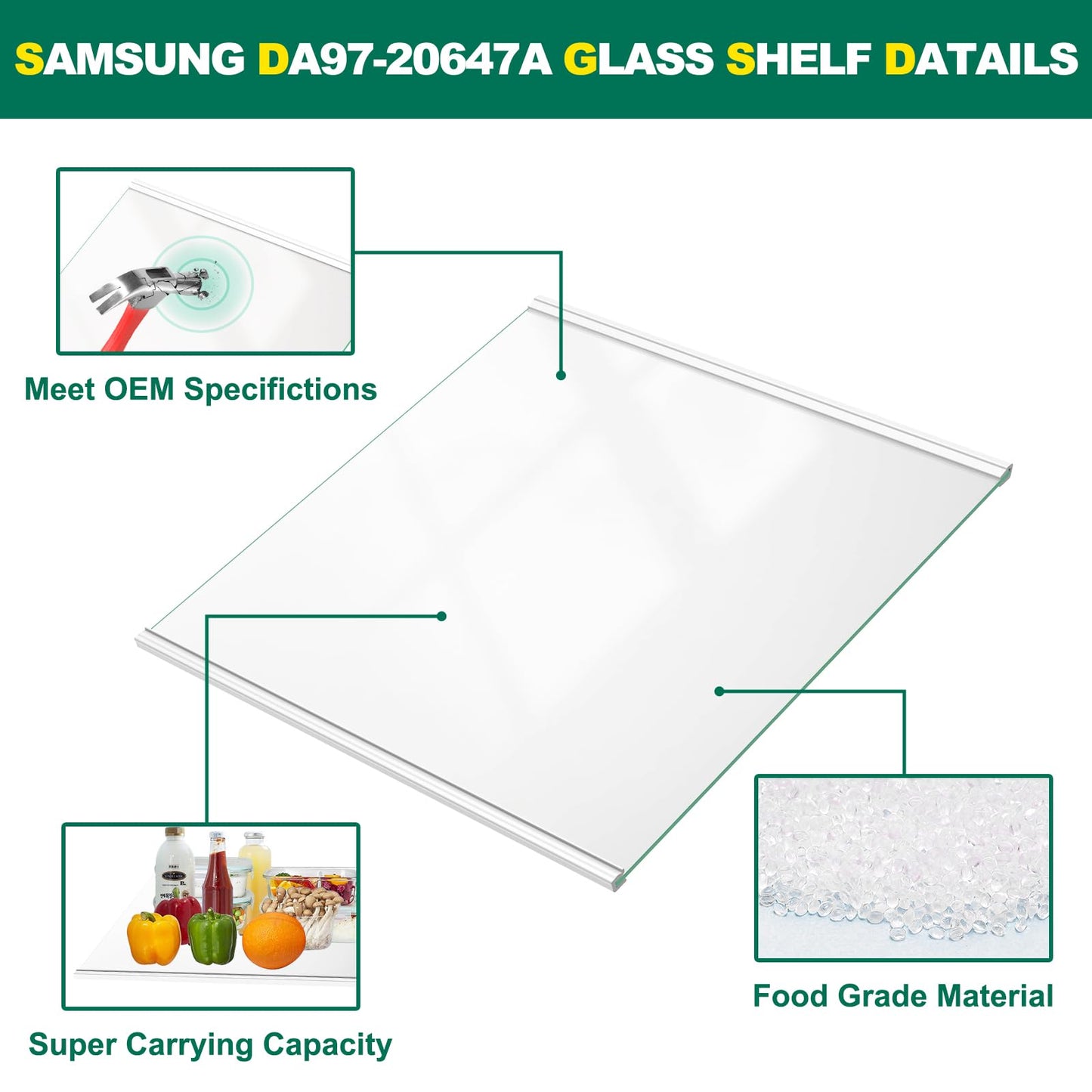 POOLKEY Upgraded DA97-20647A Refrigerator Glass Shelf Replacement Compatible with Samsung Fridge Upper Glass,Tempered Glass Shelf Parts RS27T5201SR/AA, RS27T5200SR/AA, RS27T5200SG/AA, RS27T5561SR/AA