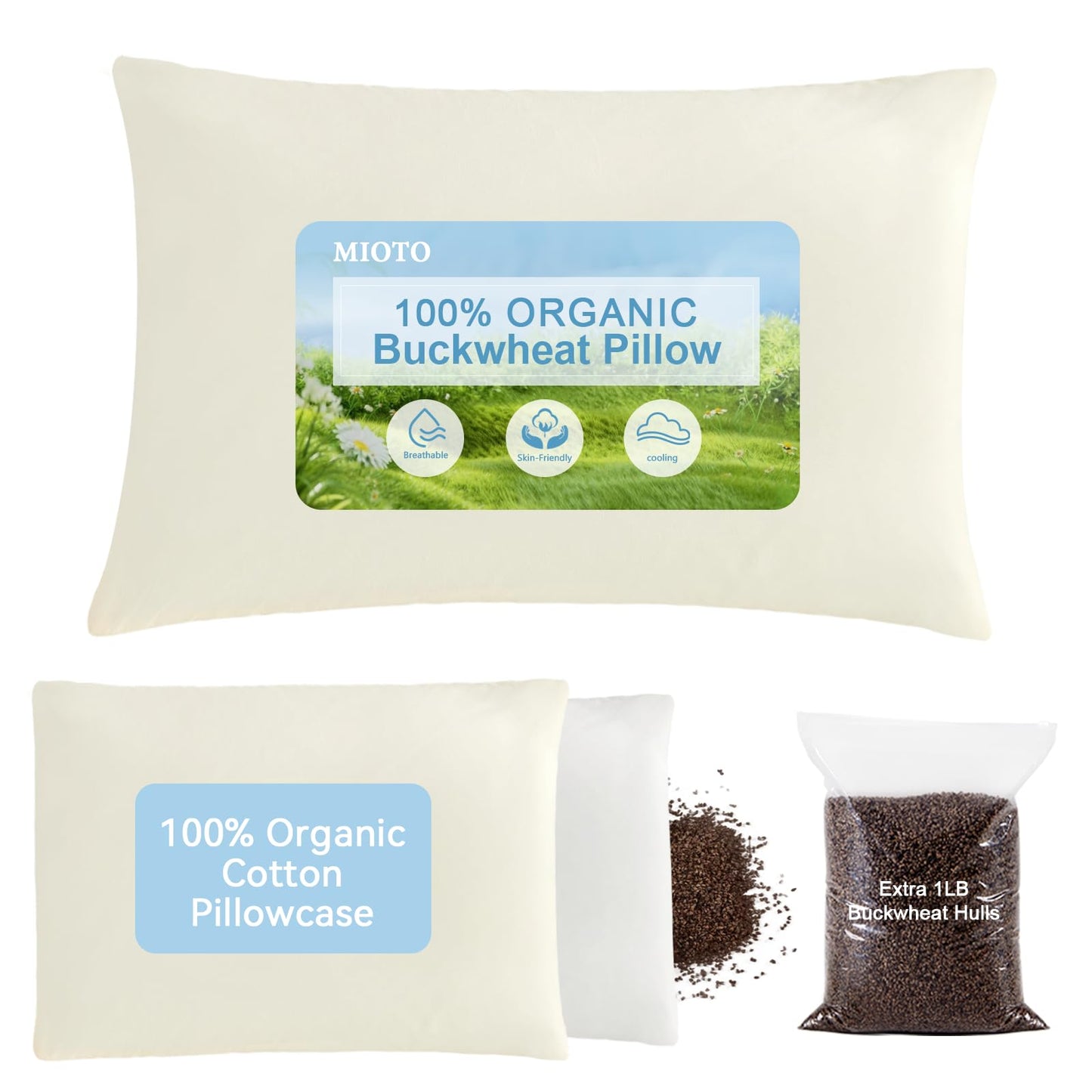 MIOTO Organic Buckwheat Pillow for Sleeping with Dual-Layer Pillowcase and Extra Tartary Buckwheat Hulls, Adjust Height and Firmness, Neck Support Pillow for Back and Side Sleepers 14"x20"