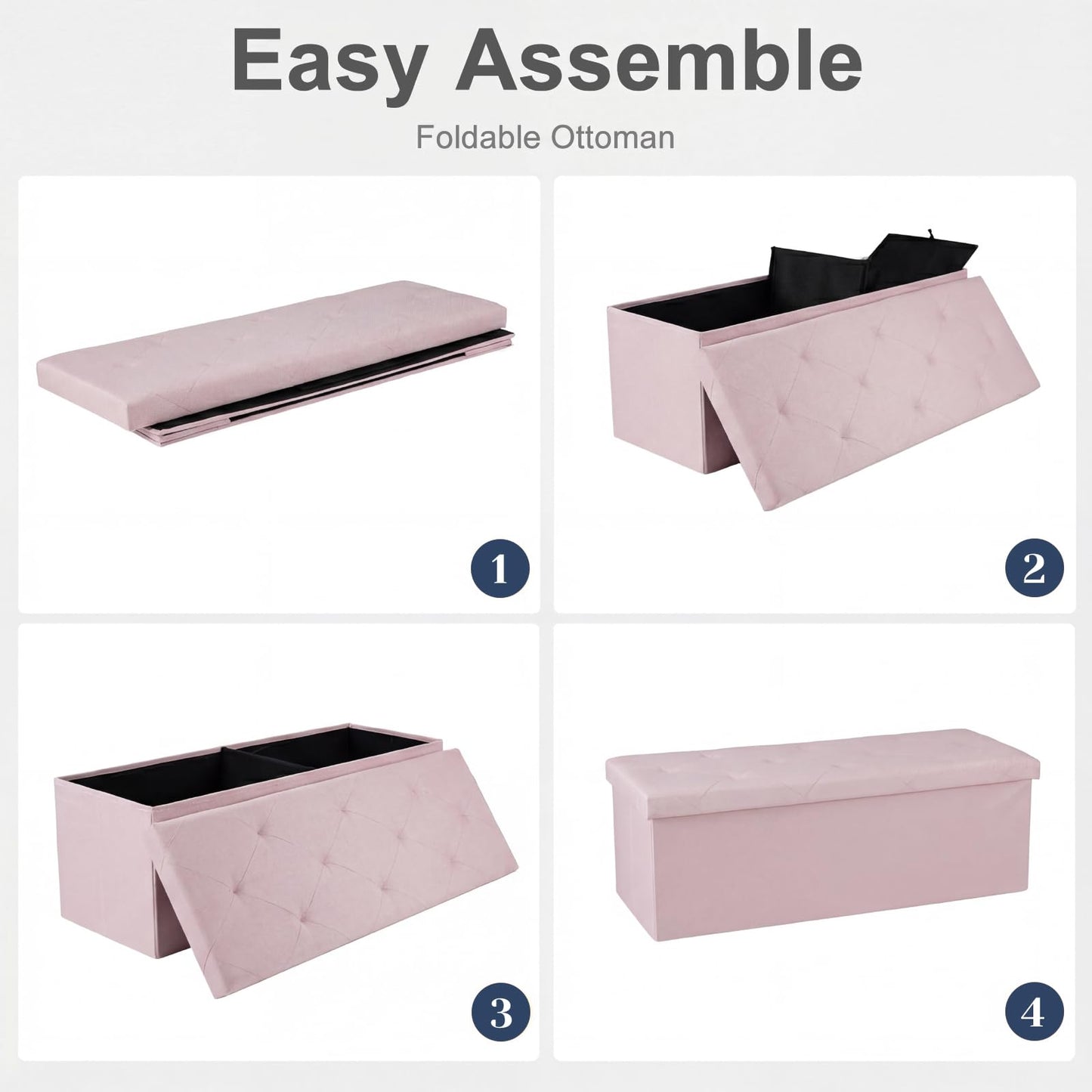 DUMOS 43in Foldable Storage Ottoman Bench, Storage Chest, Large End of Bed Foot Rest Stool with Padded Seat, Bedroom Bench for Living Room, Support 660lbs, Pink