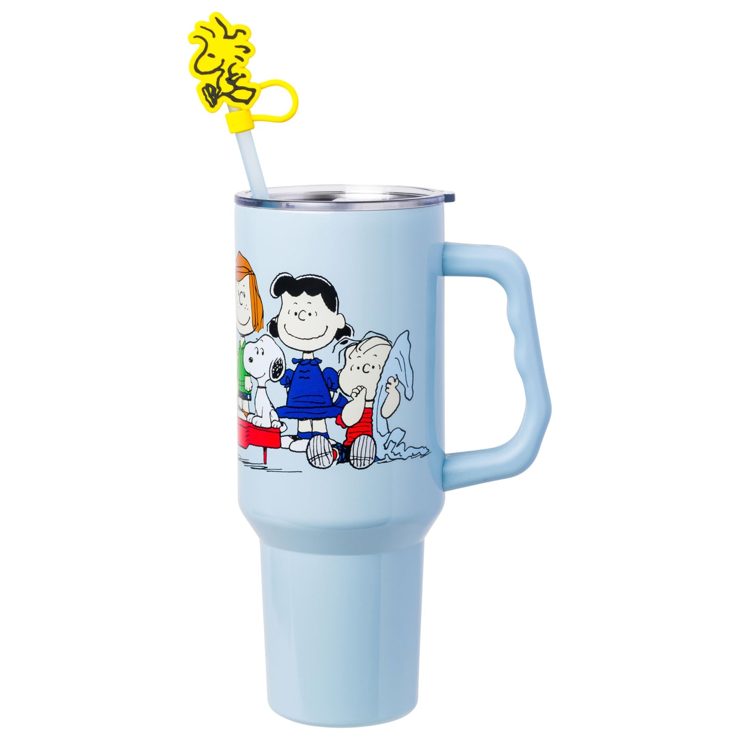 Silver Buffalo Peanuts Gang Charlie Brown, Snoopy, Woodstock, Lucy, Sally, Linus, Double Walled Stainless Steel Tumbler with Handle, Straw, and Straw Cap, Fits in Standard Cup Holder, 40 Ounces