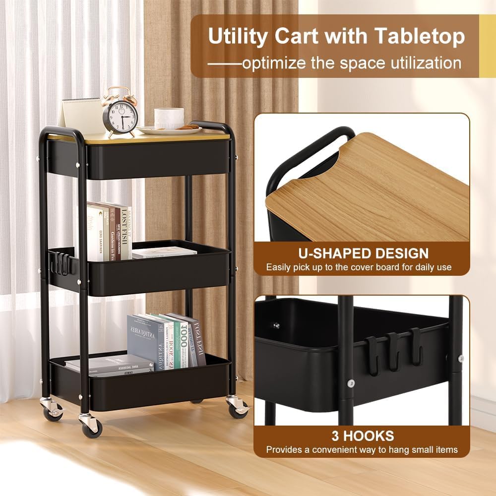 HIDODO 3 Tier Metal Utility Cart, Rolling Storage Cart with Wooden Tabletop, Metal Organizer Cart with Lockable Wheels for Office, Bedroom, Kitchen and Living Room (Black)