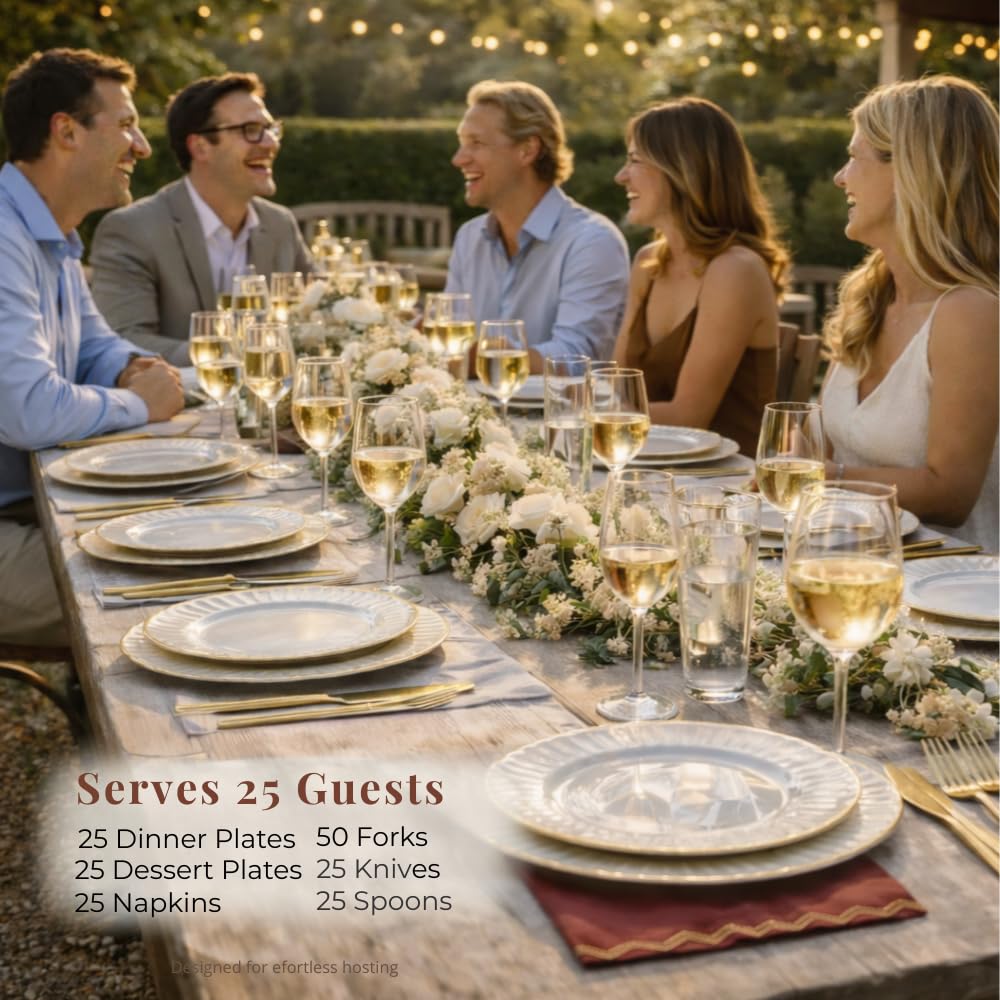 By Madee HEAVYWEIGHT 175 Pc Fancy Plastic Dinnerware Sets | Ivory Scalloped Plastic Plates with Gold Trim | Nice Plastic Plates Cutlery and Glam Napkins (25 Guests)
