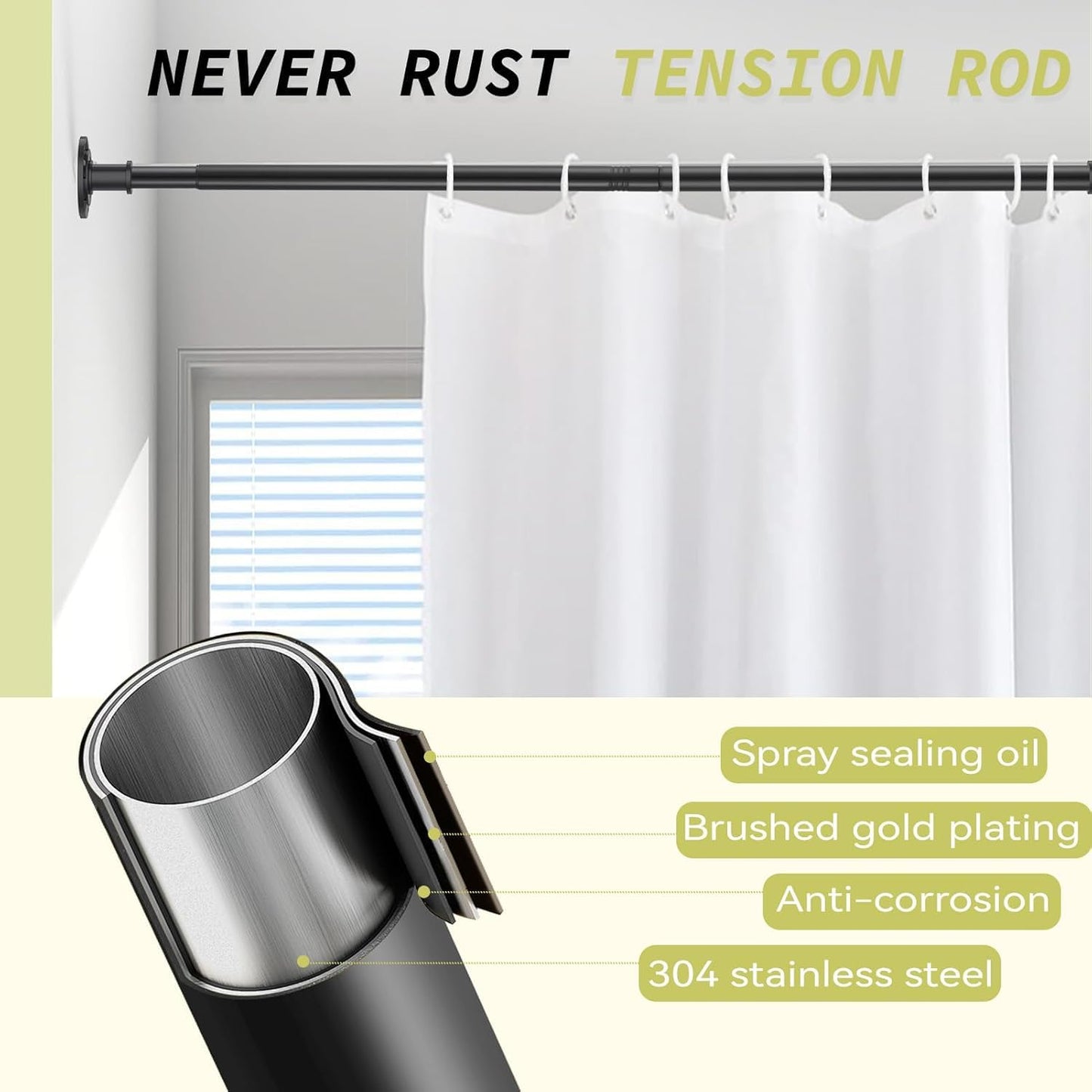 VIOREMOS Tension Curtain Rod 31 to112 In Extra Long Curtain Rod Adjustable Pole Heavy Duty Spring Matte Black Shower Curtain Rod for Bathroom Windows Room Divider Never Rust Anti-Slip