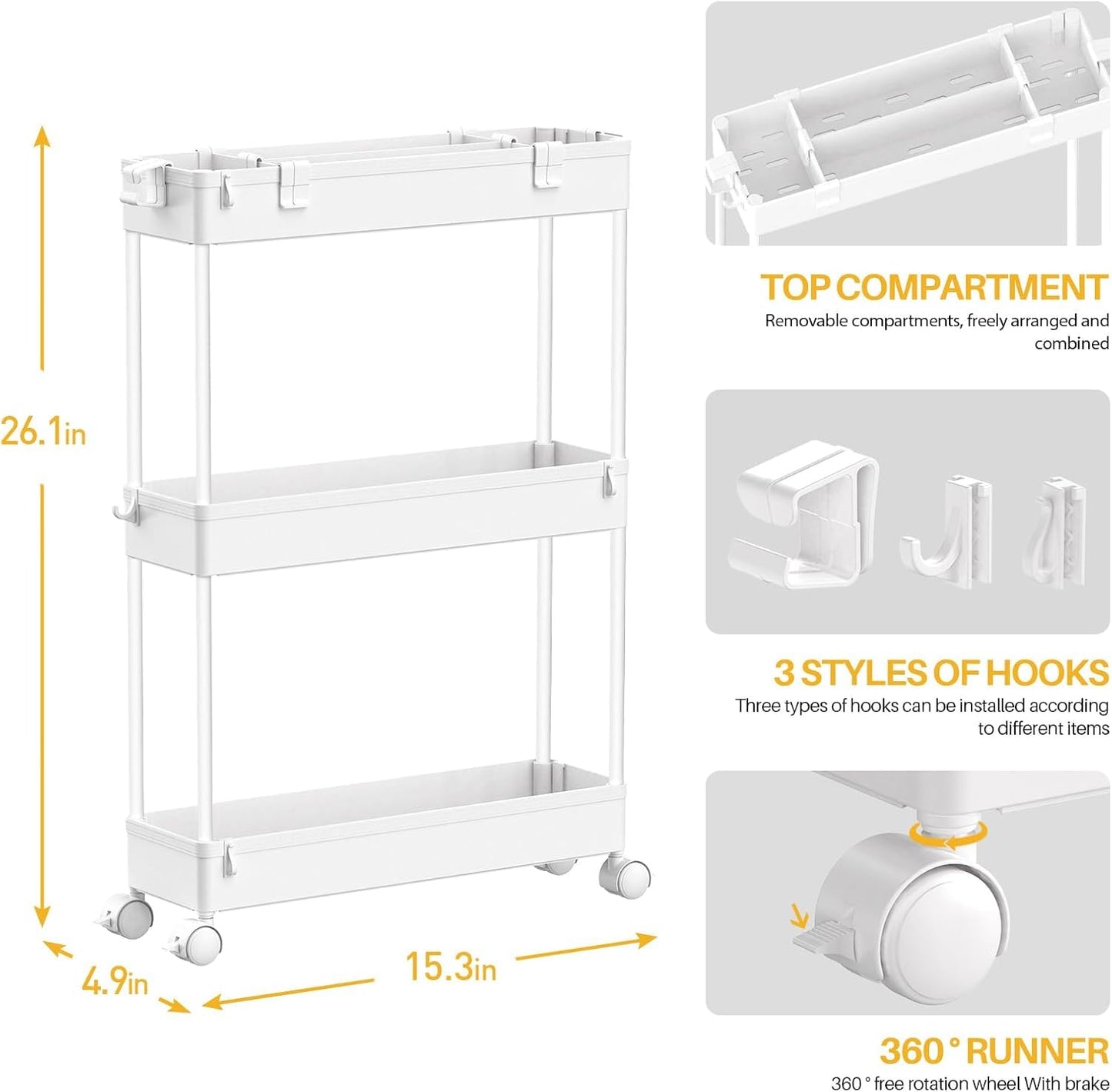SPACELEAD 2-piece Set Slim Storage Cart 3 Tier,Bathroom Organizer Rolling Utility,Mobile Shelving Unit Slide Out for Office, Kitchen, Laundry Room & Narrow Places