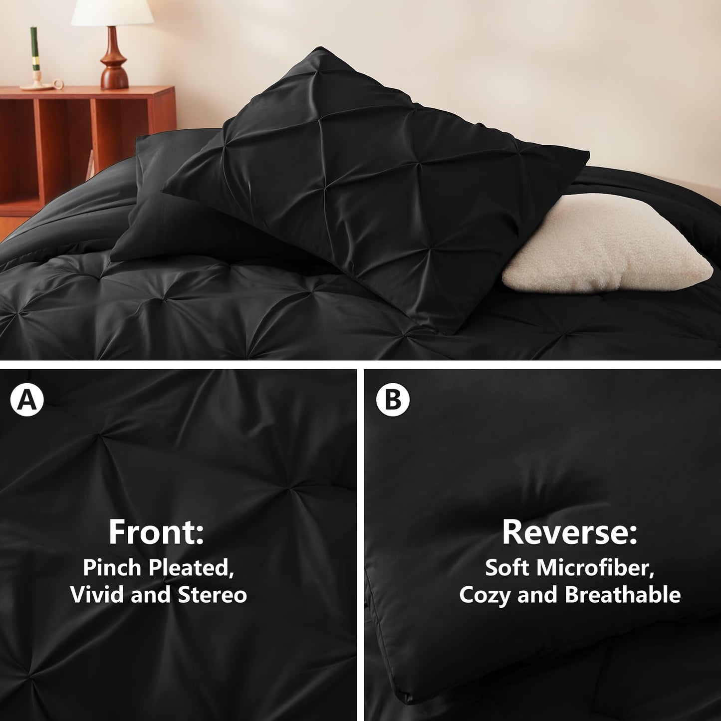 HIMEET Queen Comforter Set Black - 7 Pieces Pintuck Bed in a Bag, Pinch Pleat Modern Room Decor, All-Season Soft Bedding Gift with Comforter, Sheets, Pillowcases & Shams